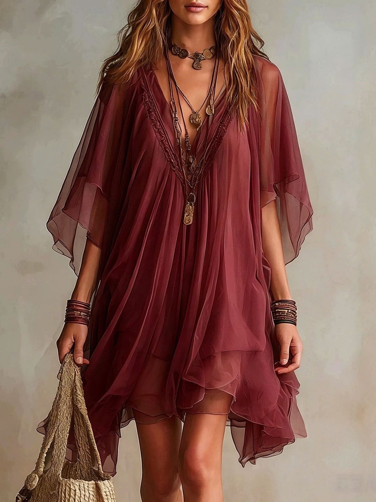 Green Chiffon V-neck Layered Flowy Mini Dress