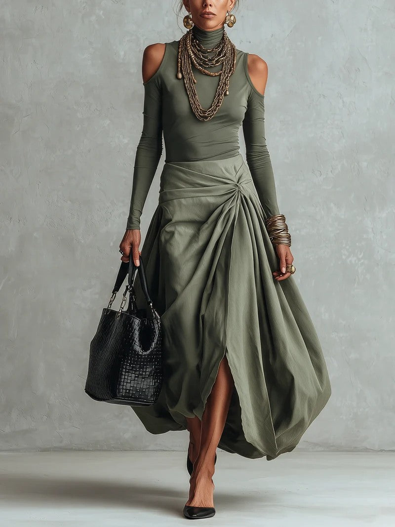 Olive Green Two Piece Outfit Turtleneck Cold Shoulder Long Sleeve Top Twisted Wrap Maxi Skirt Set