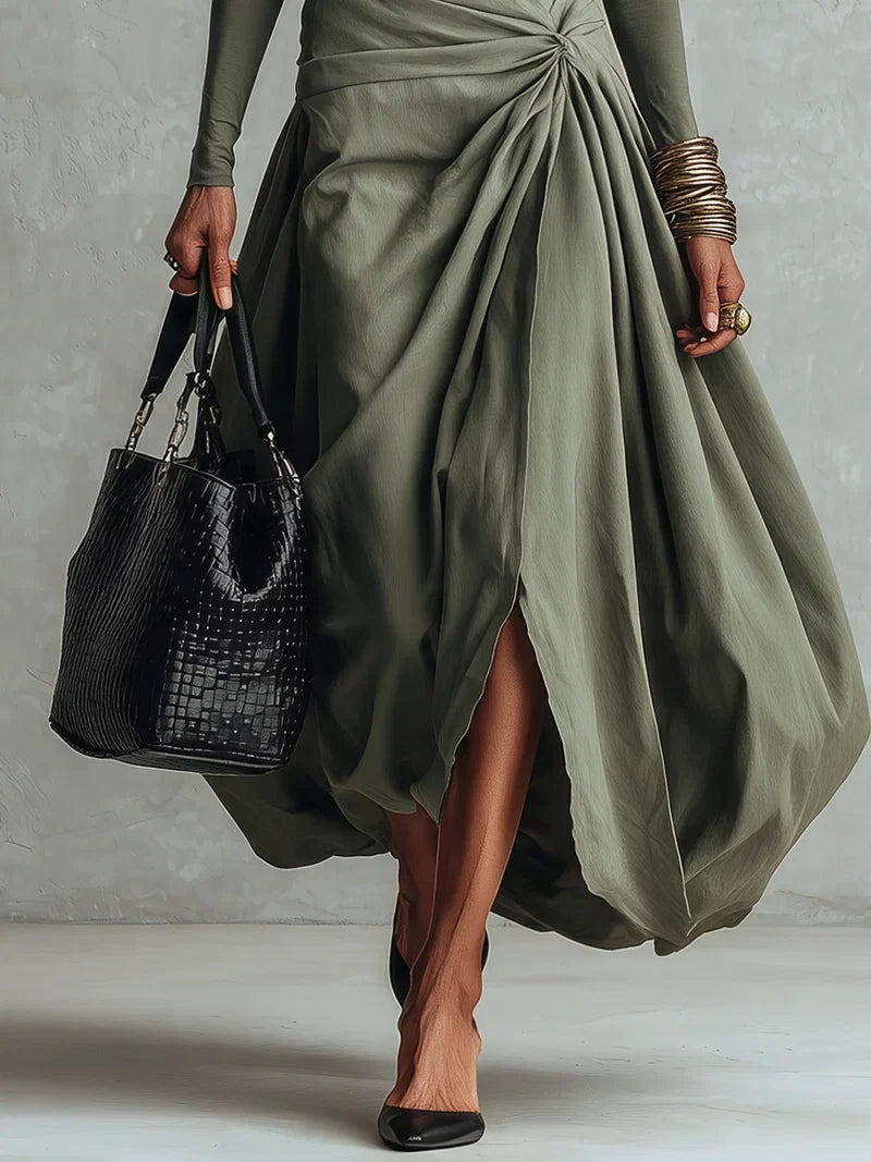 Olive Green Two Piece Outfit Turtleneck Cold Shoulder Long Sleeve Top Twisted Wrap Maxi Skirt Set