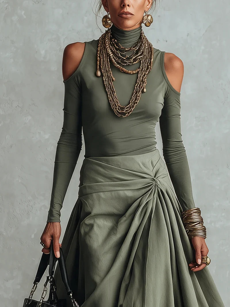 Olive Green Two Piece Outfit Turtleneck Cold Shoulder Long Sleeve Top Twisted Wrap Maxi Skirt Set