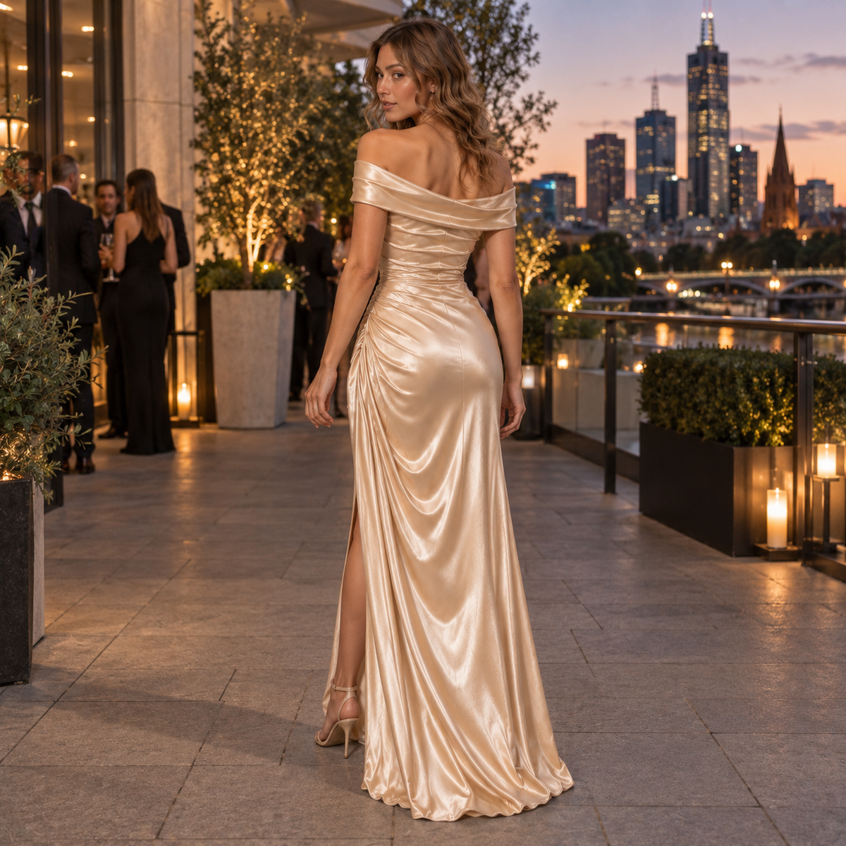 The Elara Draped Satin-Look Maxi Dress