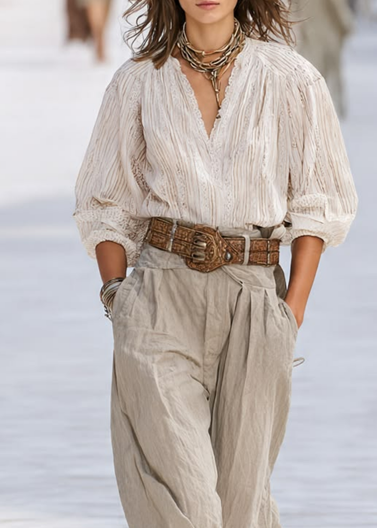Beige V‑Neck Loose Top & Casual Pants Set