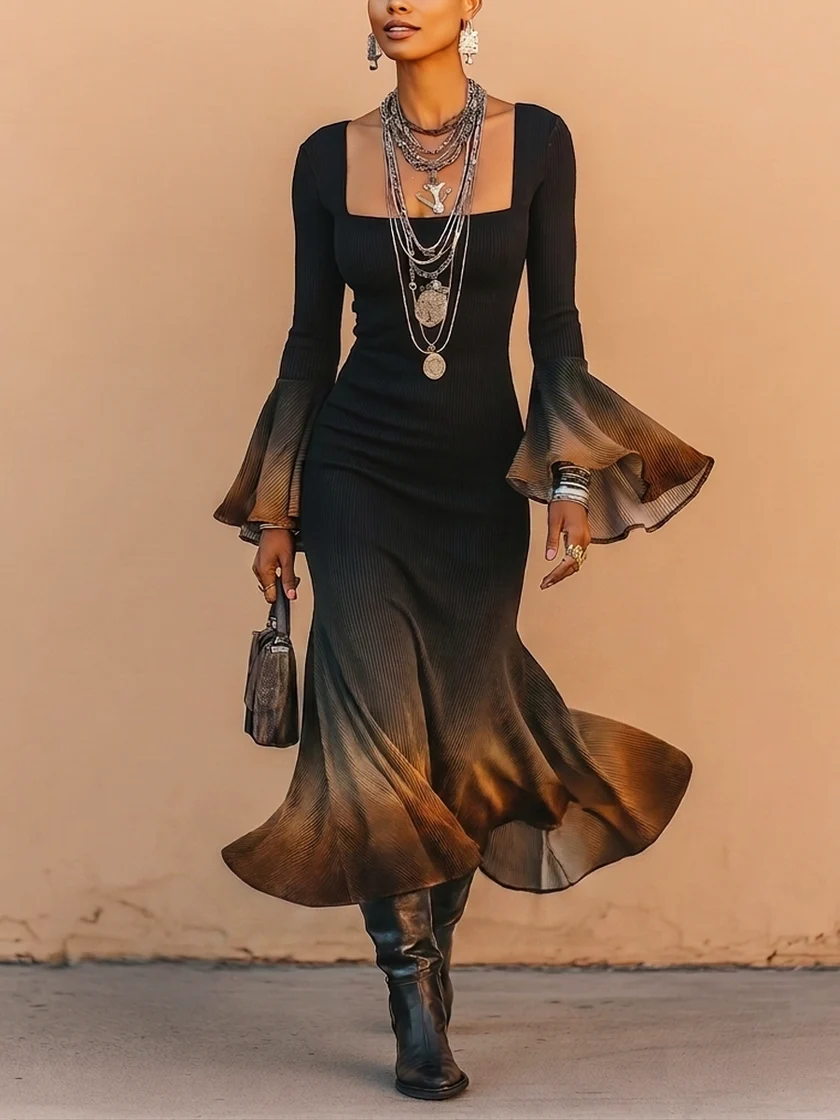 Black Square Neck Gradient Fitted Midi Mermaid Dress