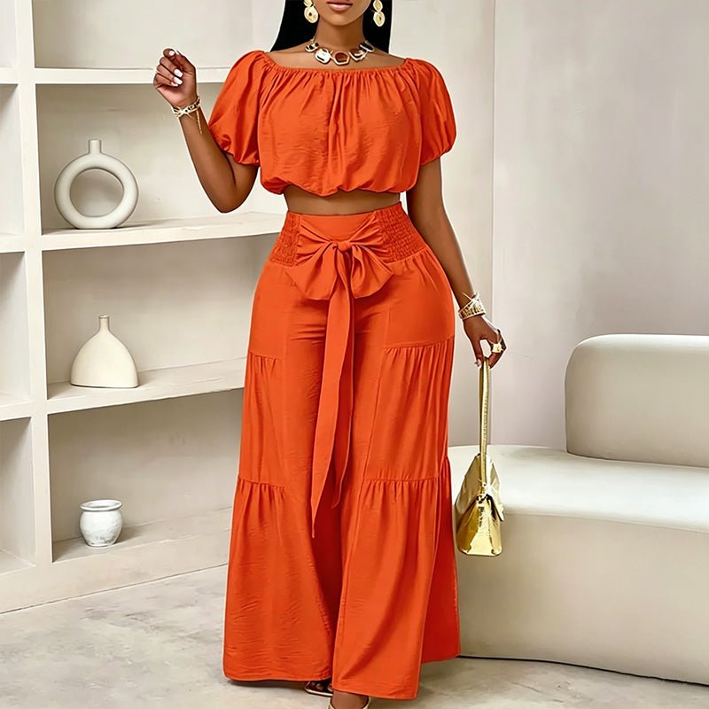 Off-shoulder puff sleeve wide-leg pants two-piece set