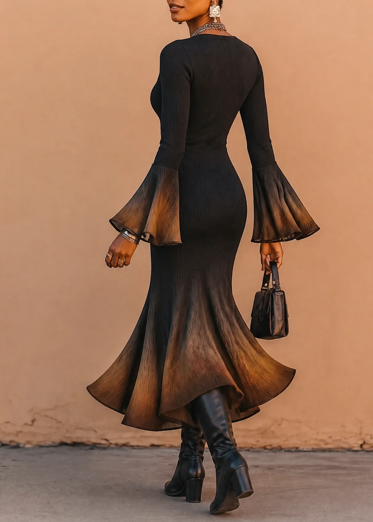 Black Square Neck Gradient Fitted Midi Mermaid Dress