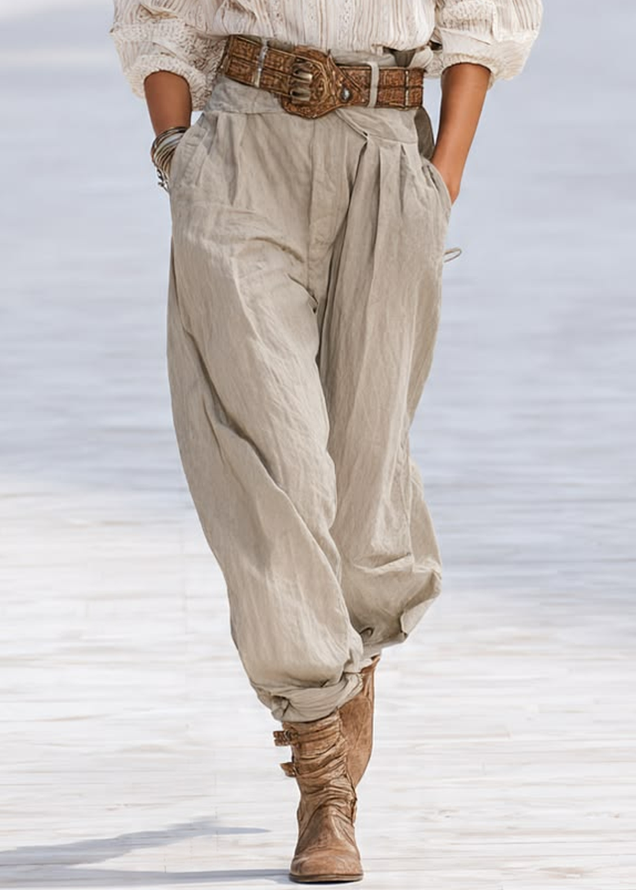 Beige V‑Neck Loose Top & Casual Pants Set