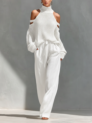 MARIA |  Knit Fabric Cold-Shoulder Turtleneck Top & Wide-Leg Pants Set