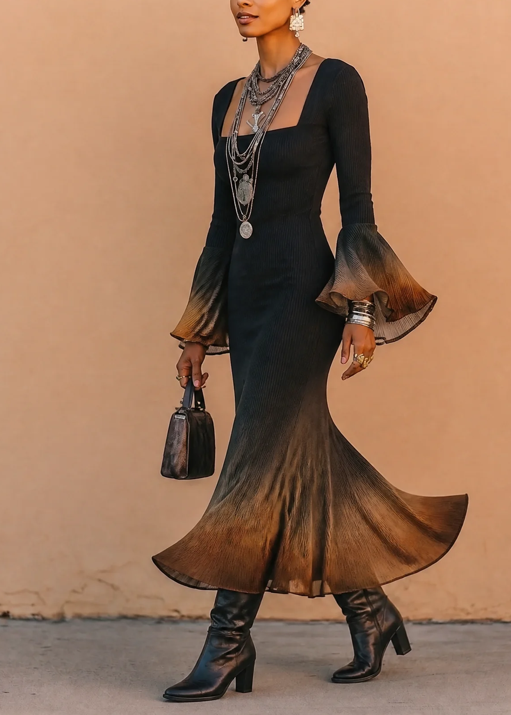Black Square Neck Gradient Fitted Midi Mermaid Dress