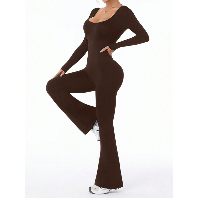 Pleated backless long-sleeved flared jumpsuit