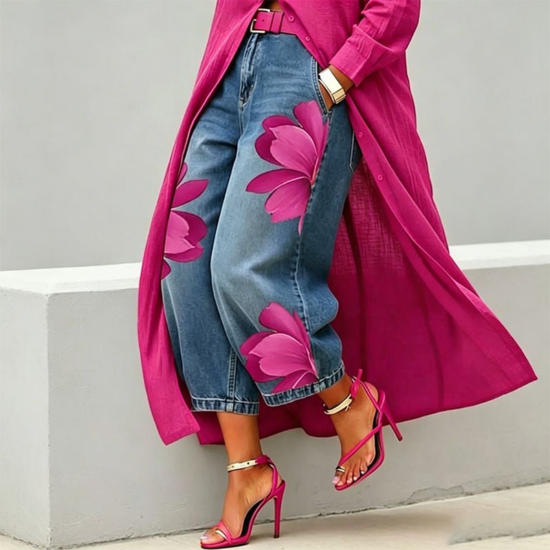 Printed straight-leg wide-leg cropped jeans