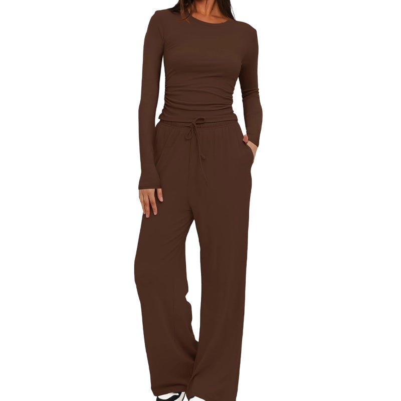 Casual long-sleeved high-waisted wide-leg pants suit