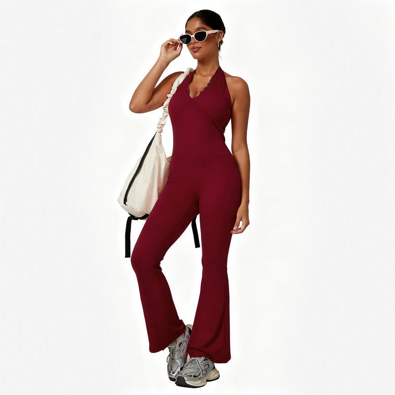 V-neck halter-neck flared jumpsuit
