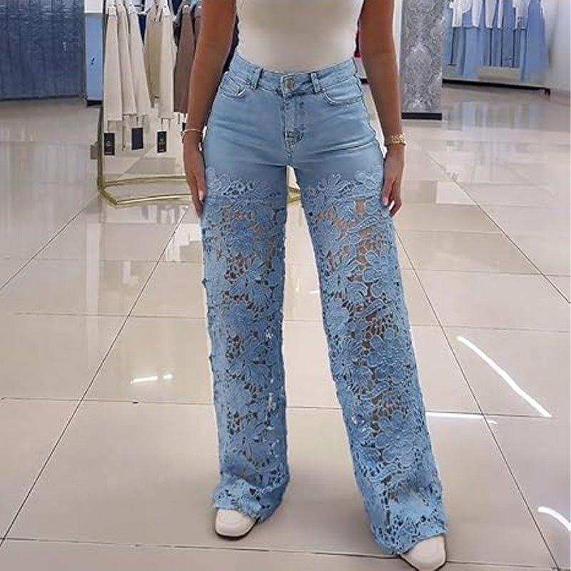 High-waisted floral cutout wide-leg jeans