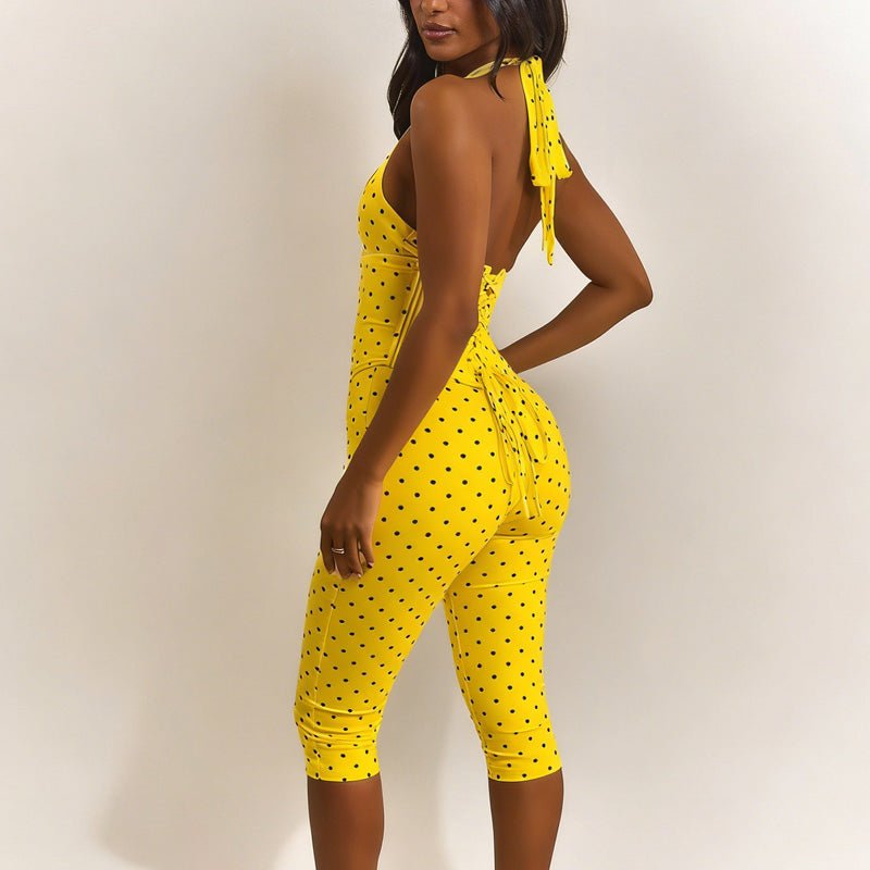 Polka dot backless suspender bodysuit faux two-piece set