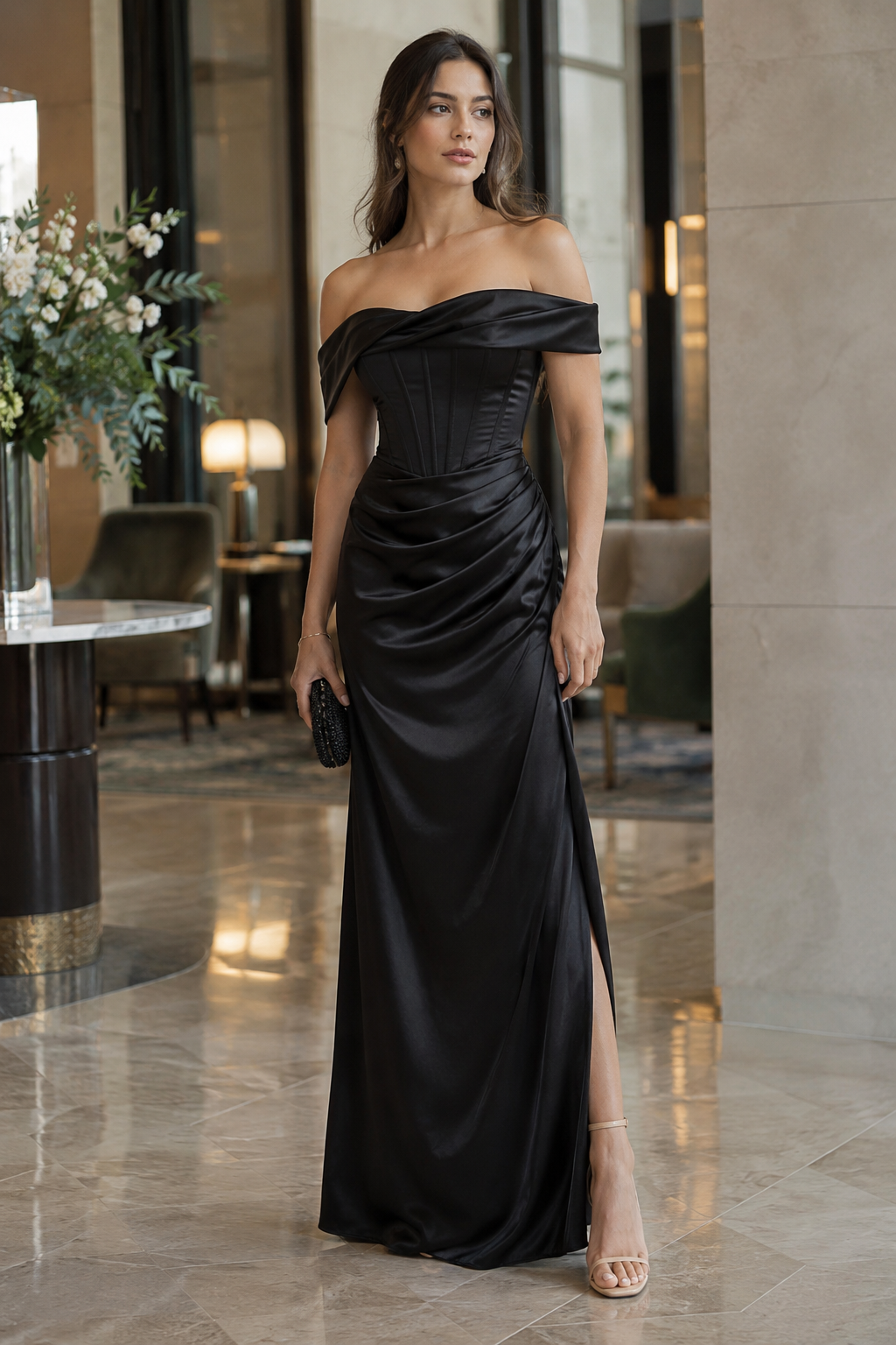 The Elara Draped Satin-Look Maxi Dress