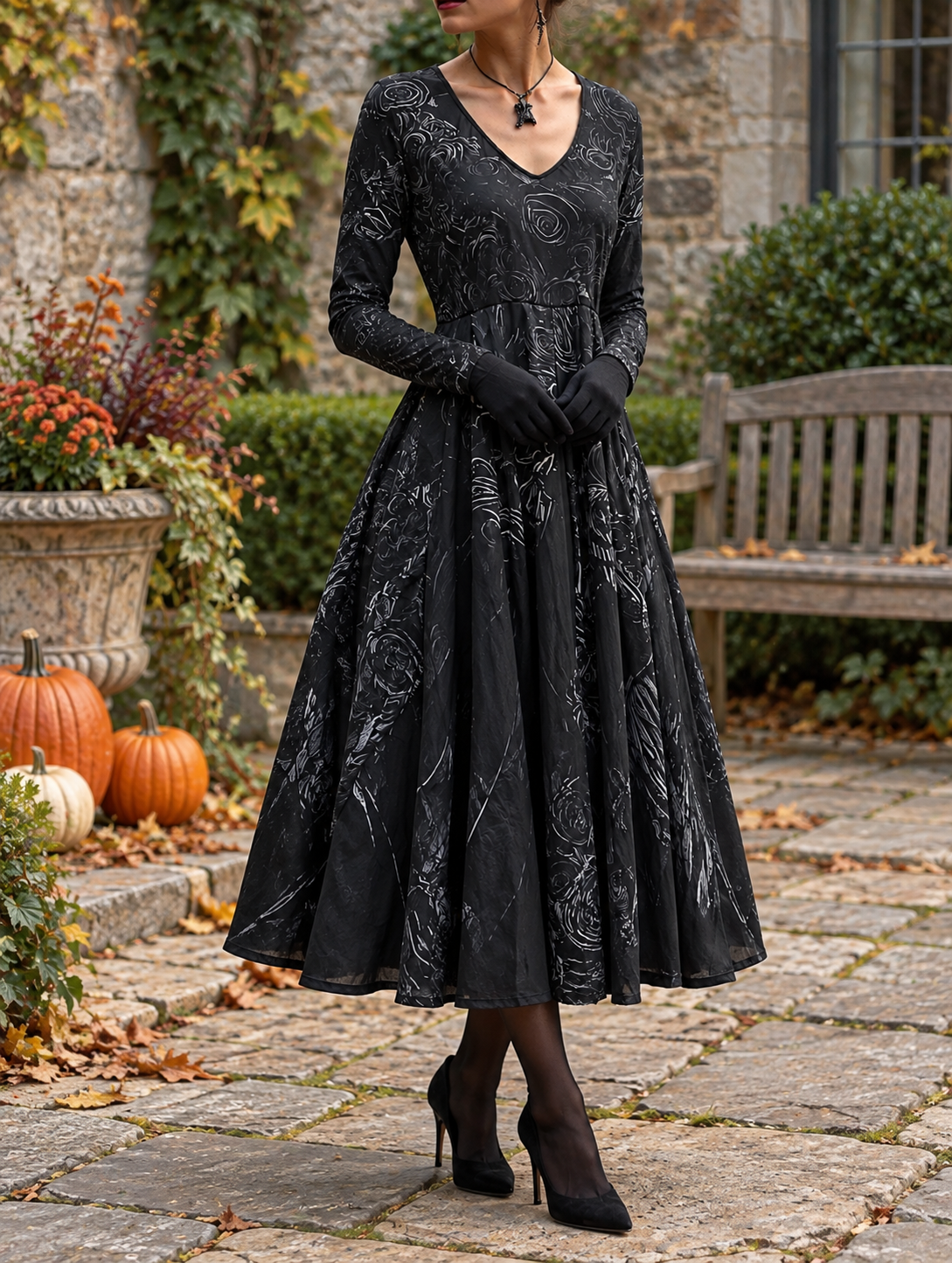 Women's Halloween Black Maxi Dress | Long Sleeve