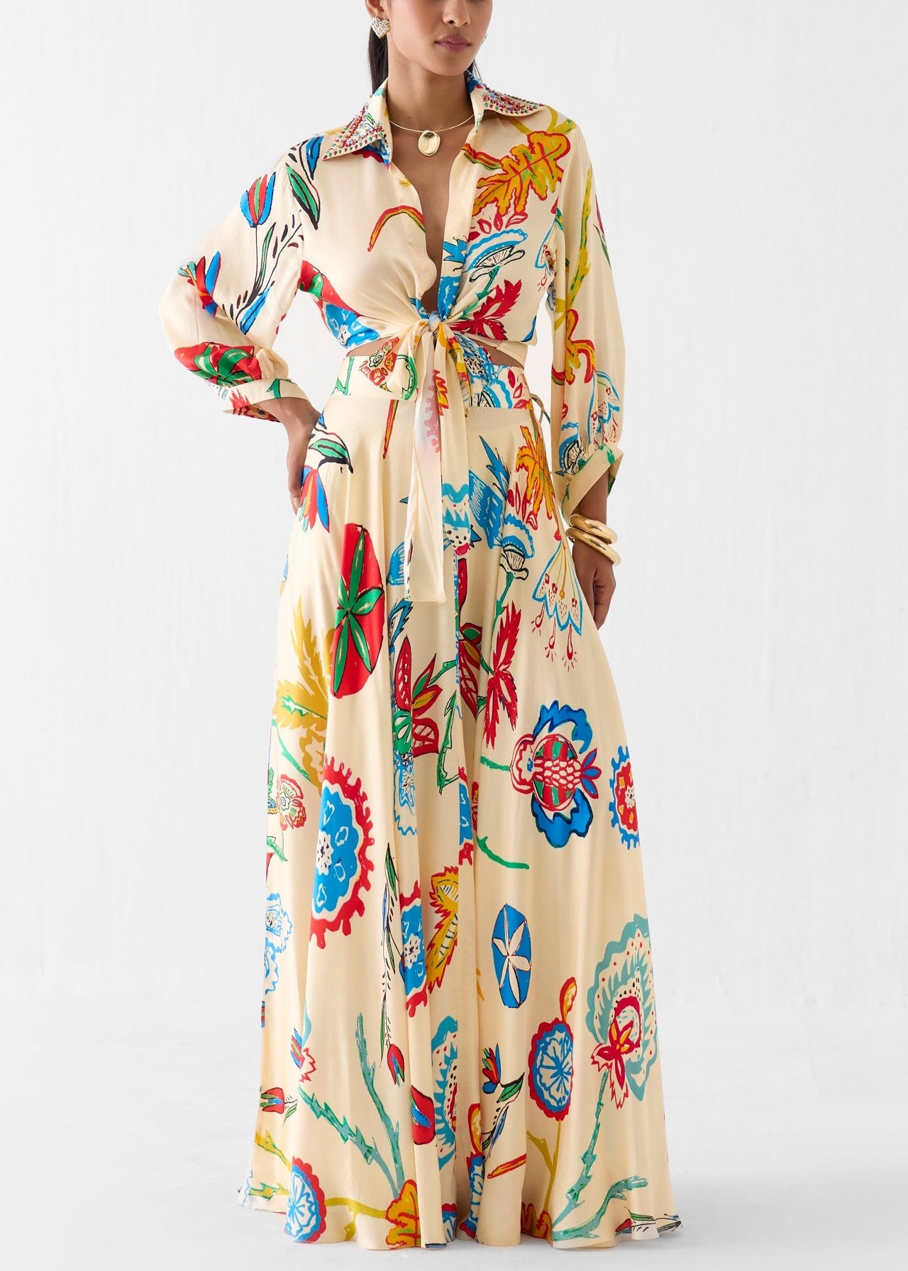 Vacation Tropical Floral Print Waist Tie Shirt & Maxi Skirt Boho Two Piece Set