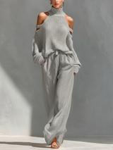 MARIA |  Knit Fabric Cold-Shoulder Turtleneck Top & Wide-Leg Pants Set