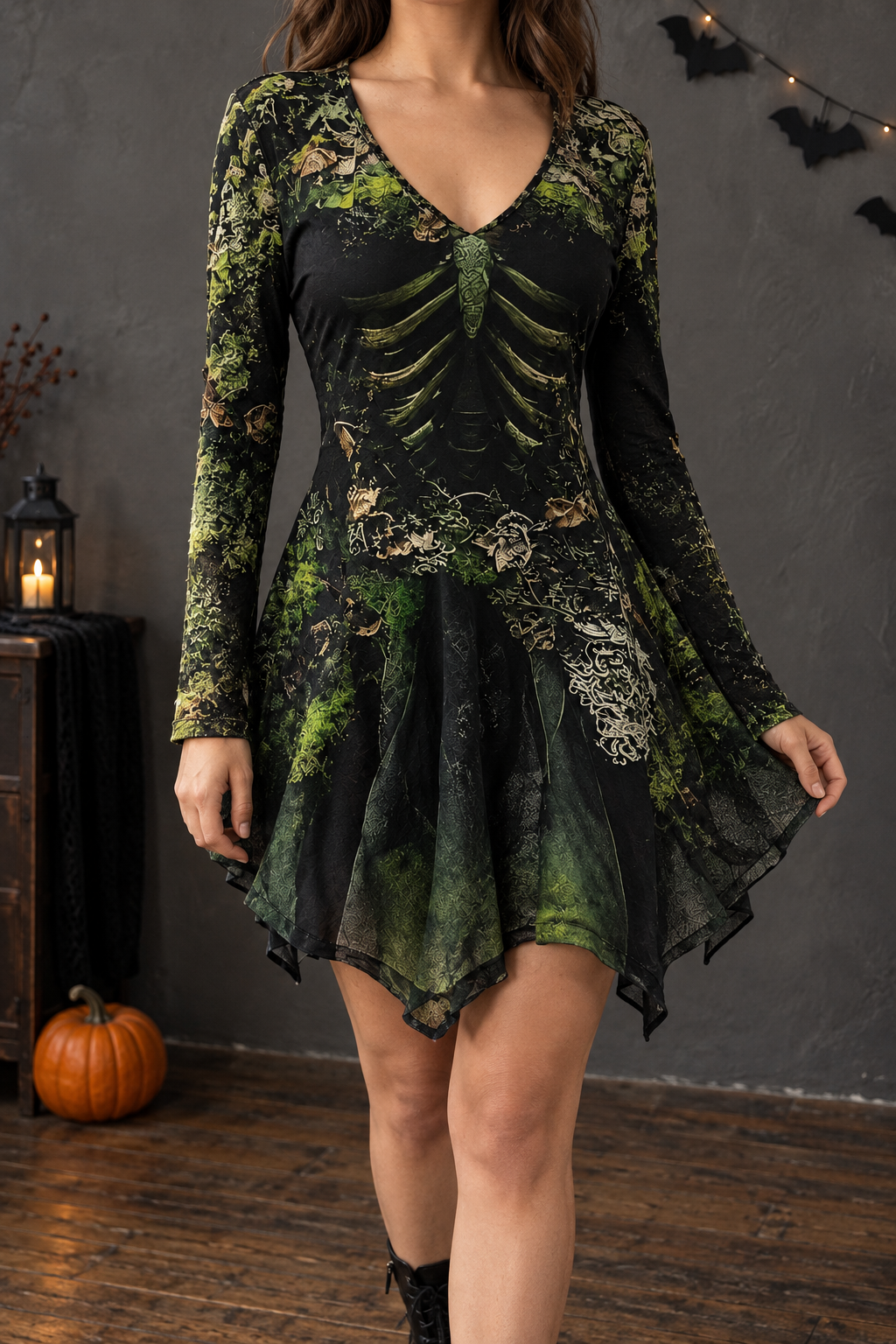 Women's Long Sleeve Halloween Green Dress | Mini