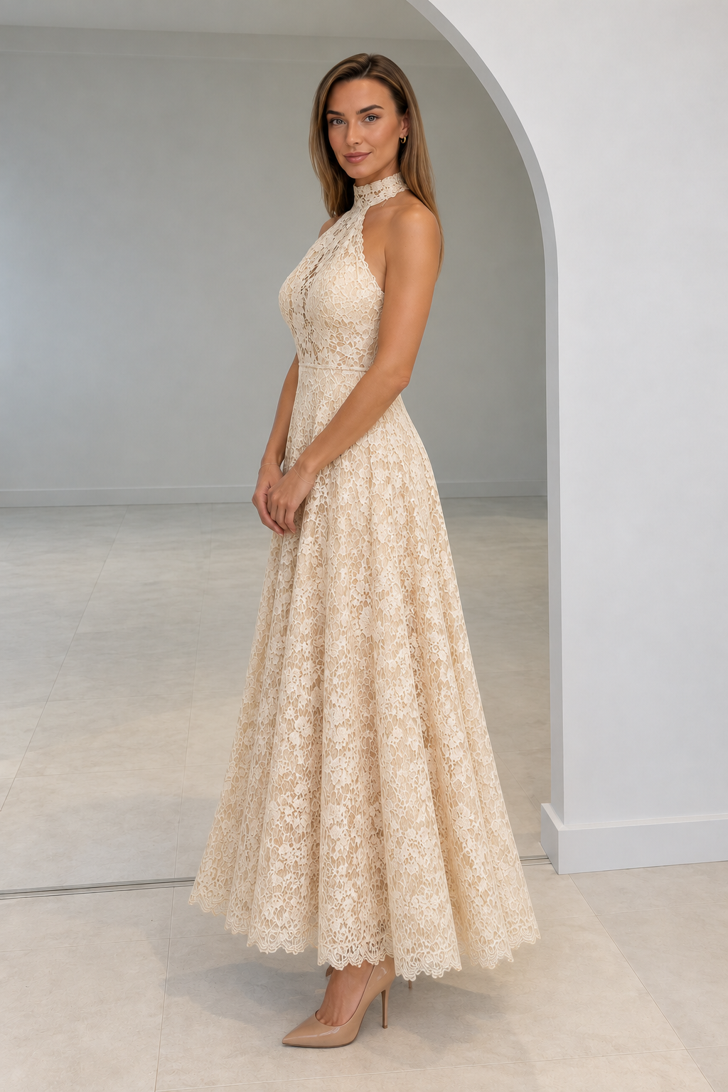 Fiammetta | Vintage Ivory Lace Halter Neck Evening Gown