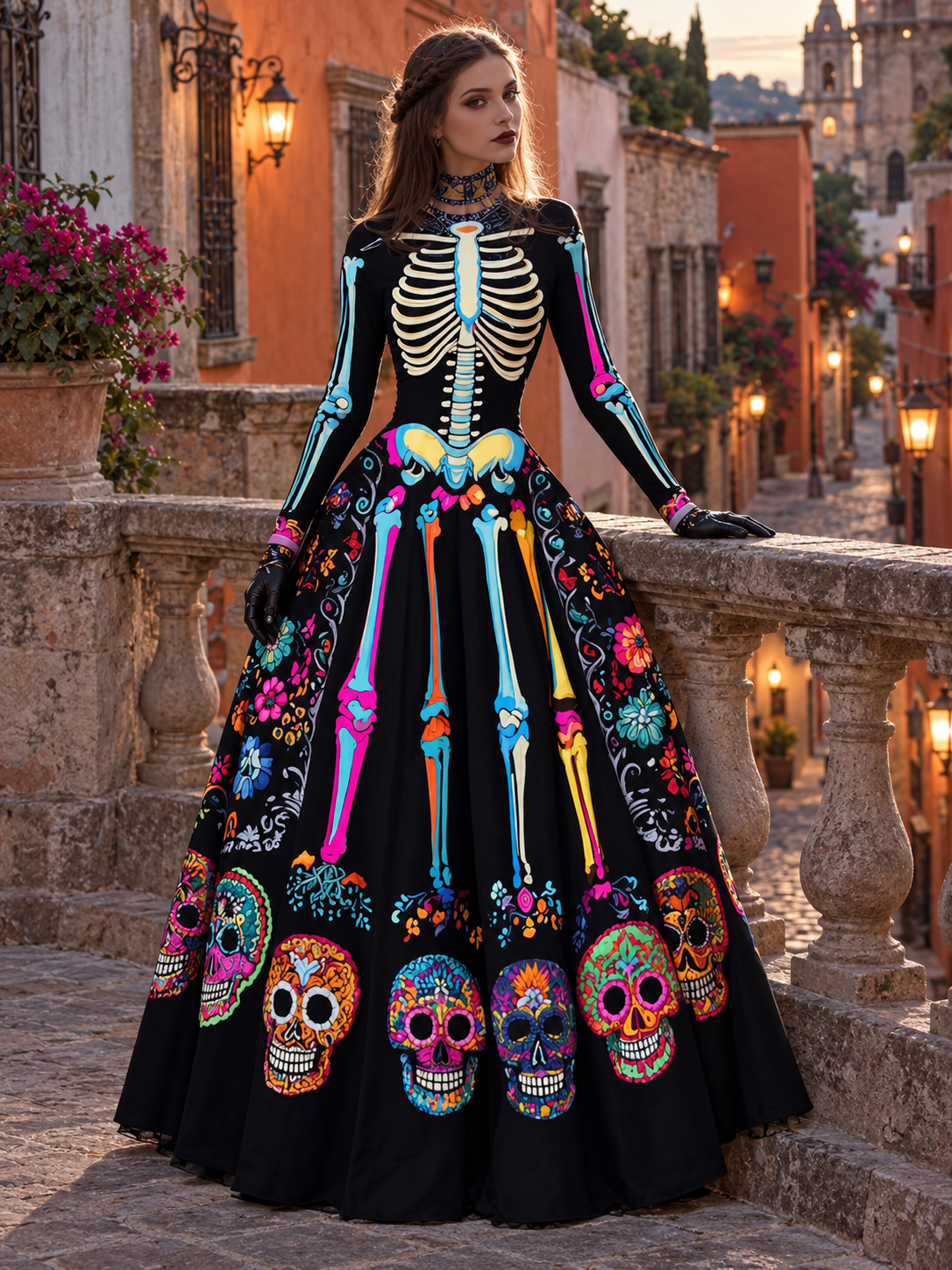 Women's Halloween Long Sleeve Black Maxi Dress | Embroidered