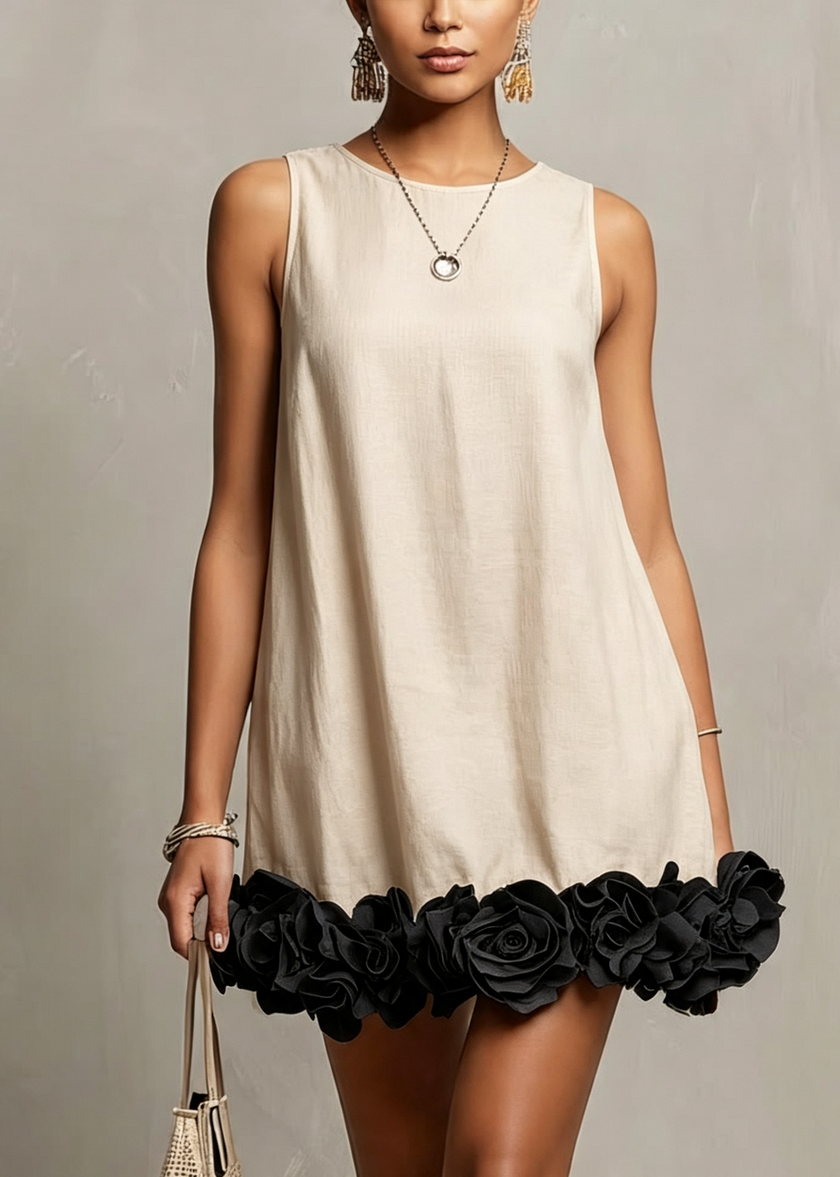 Beige Sleeveless 3D Floral Detail Loose Mini Dress