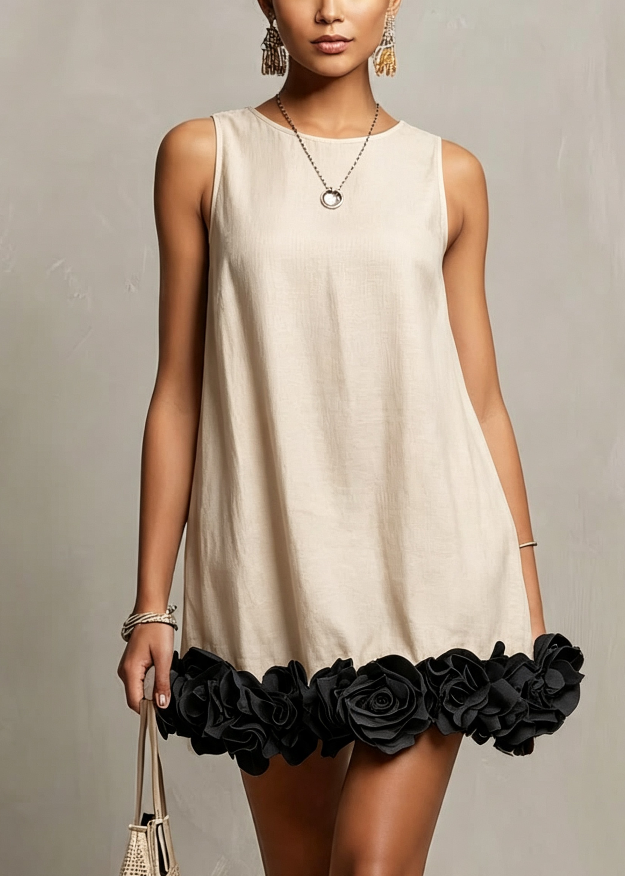 Beige Sleeveless 3D Floral Detail Loose Mini Dress