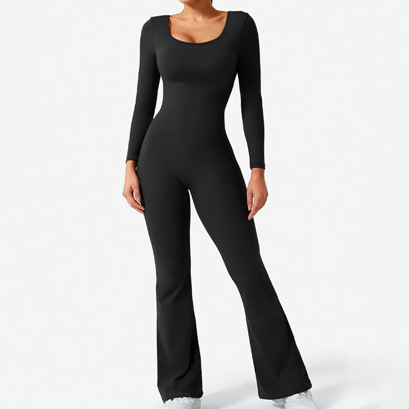 Pleated backless long-sleeved flared jumpsuit