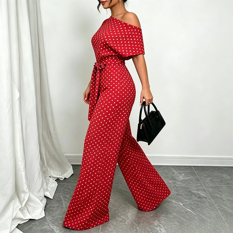 Asymmetrical off-shoulder wide-leg jumpsuit