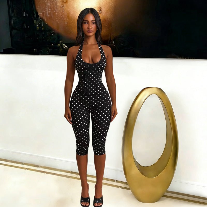 Polka dot backless suspender bodysuit faux two-piece set