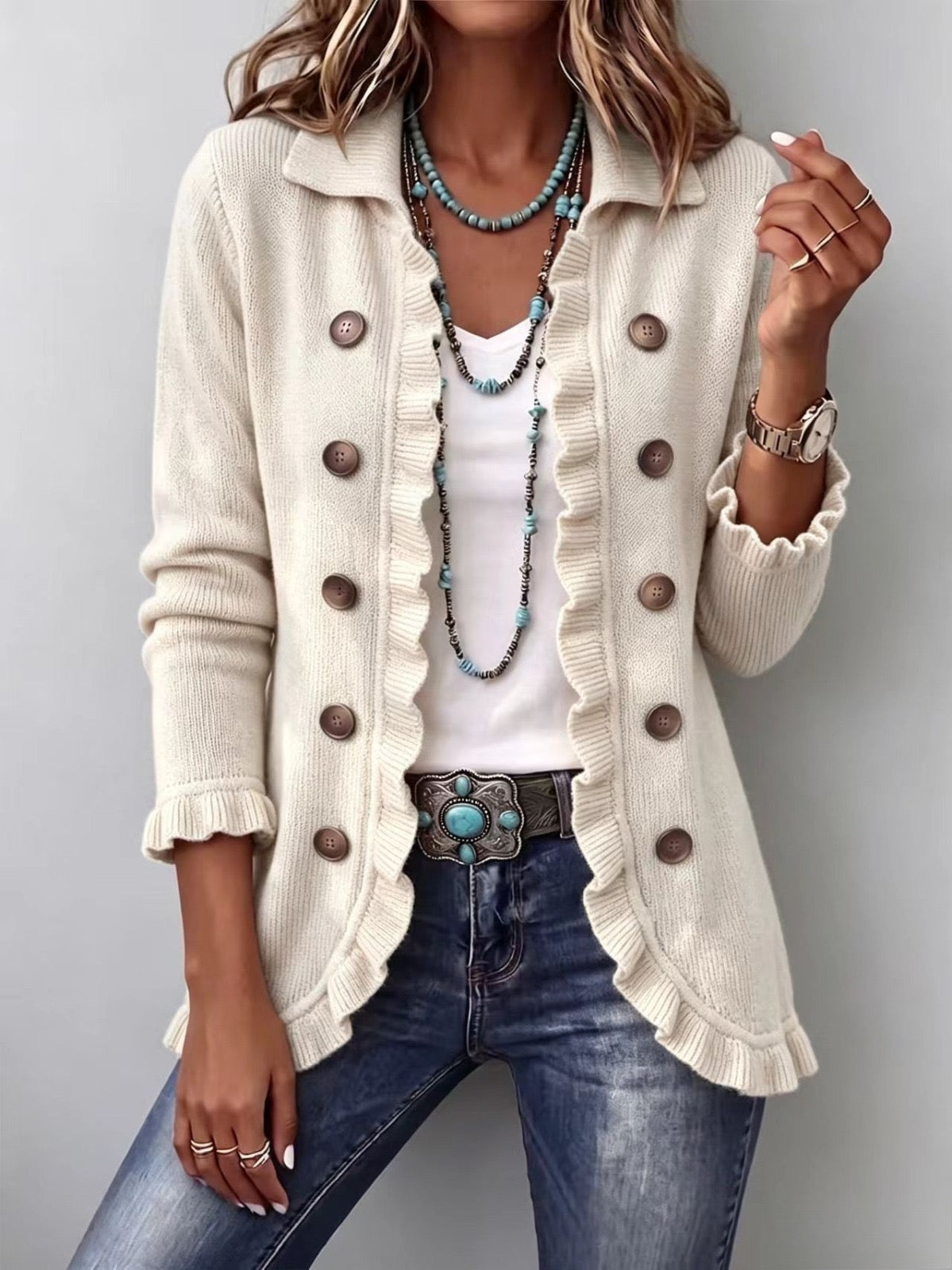 Rynlee | Ivory Ribbed Knit Ruffle Jacket