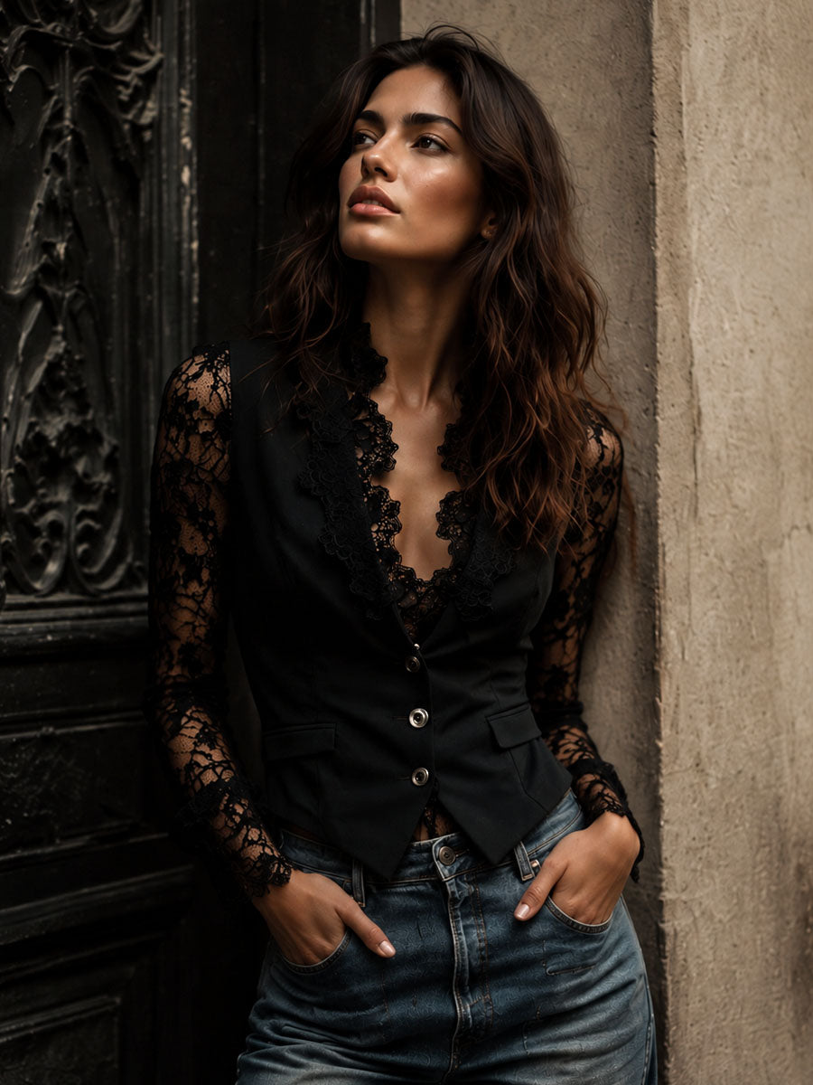 Noémie | Black Jacket with Sheer Sleeves