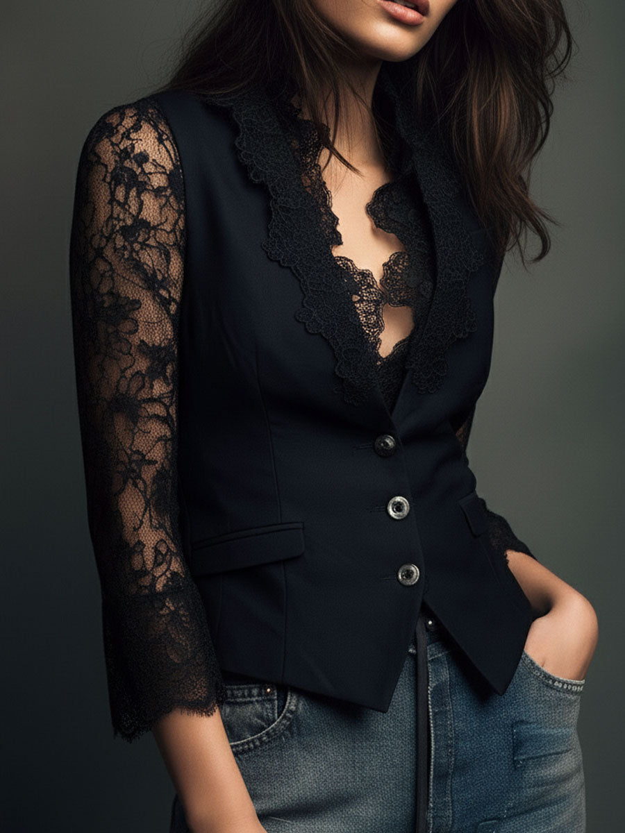 Noémie | Black Jacket with Sheer Sleeves