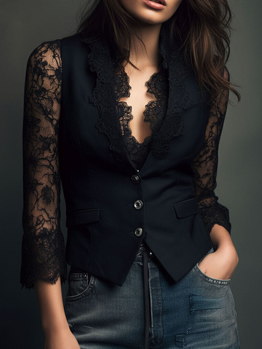 Noémie | Black Jacket with Sheer Sleeves