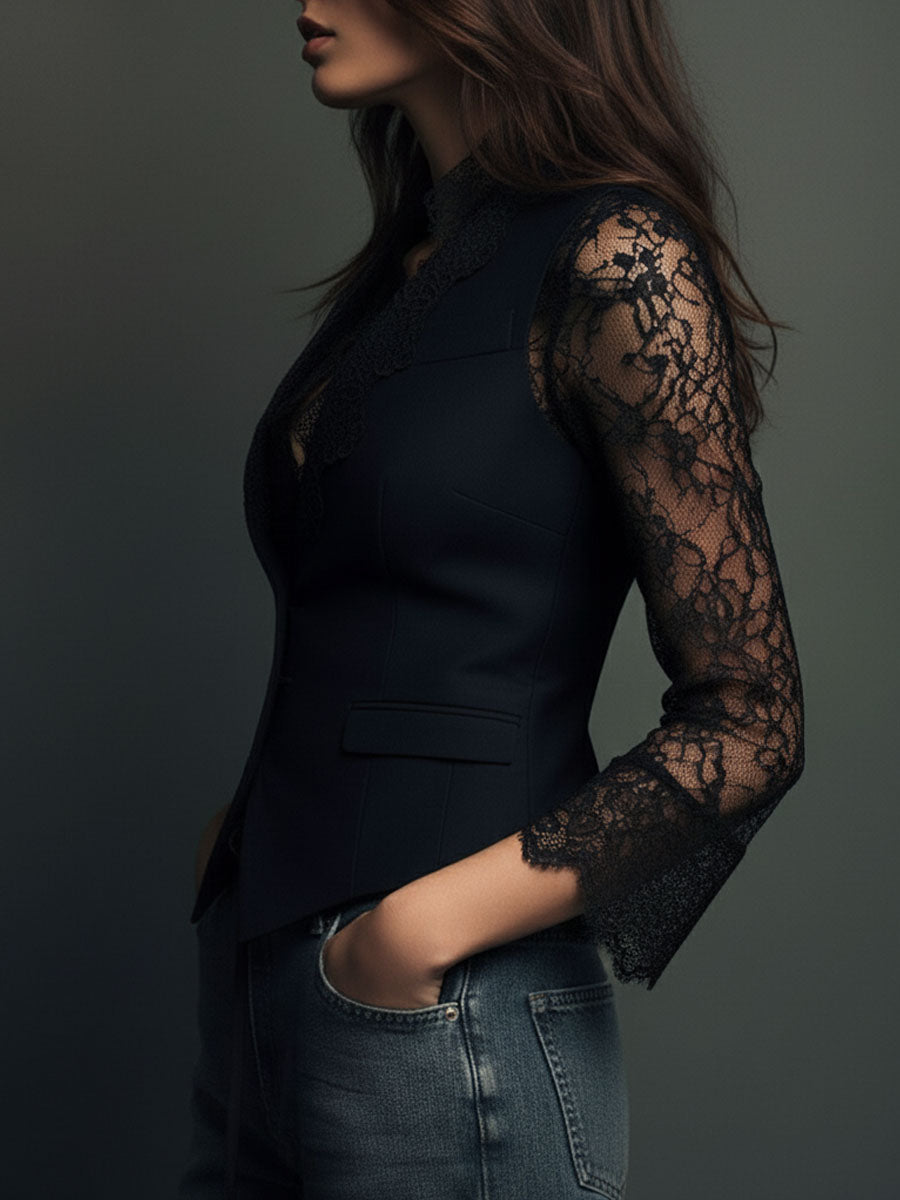 Noémie | Black Jacket with Sheer Sleeves