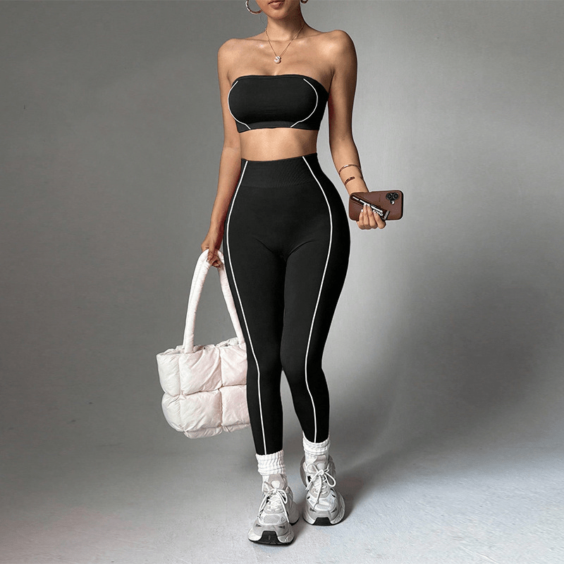 Contrast Piping Bandeau High Waist Yoga Set