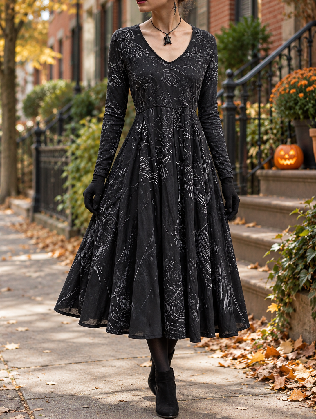 Women's Halloween Black Maxi Dress | Long Sleeve