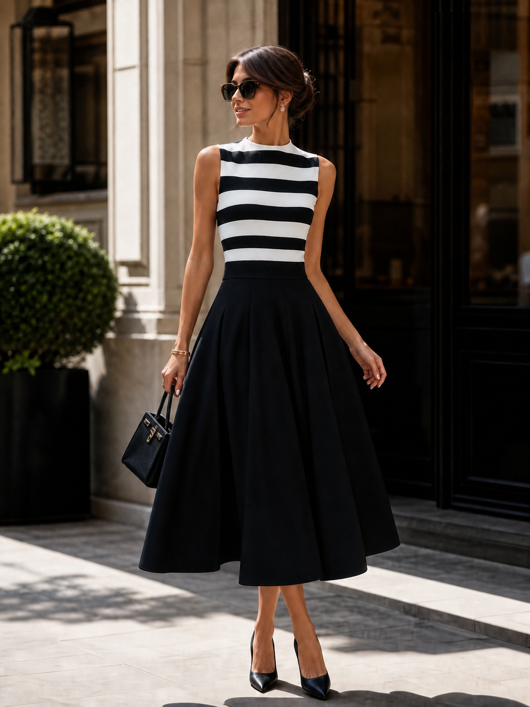 Chic Striped Sleeveless A‑Line Midi Dress With Pockets