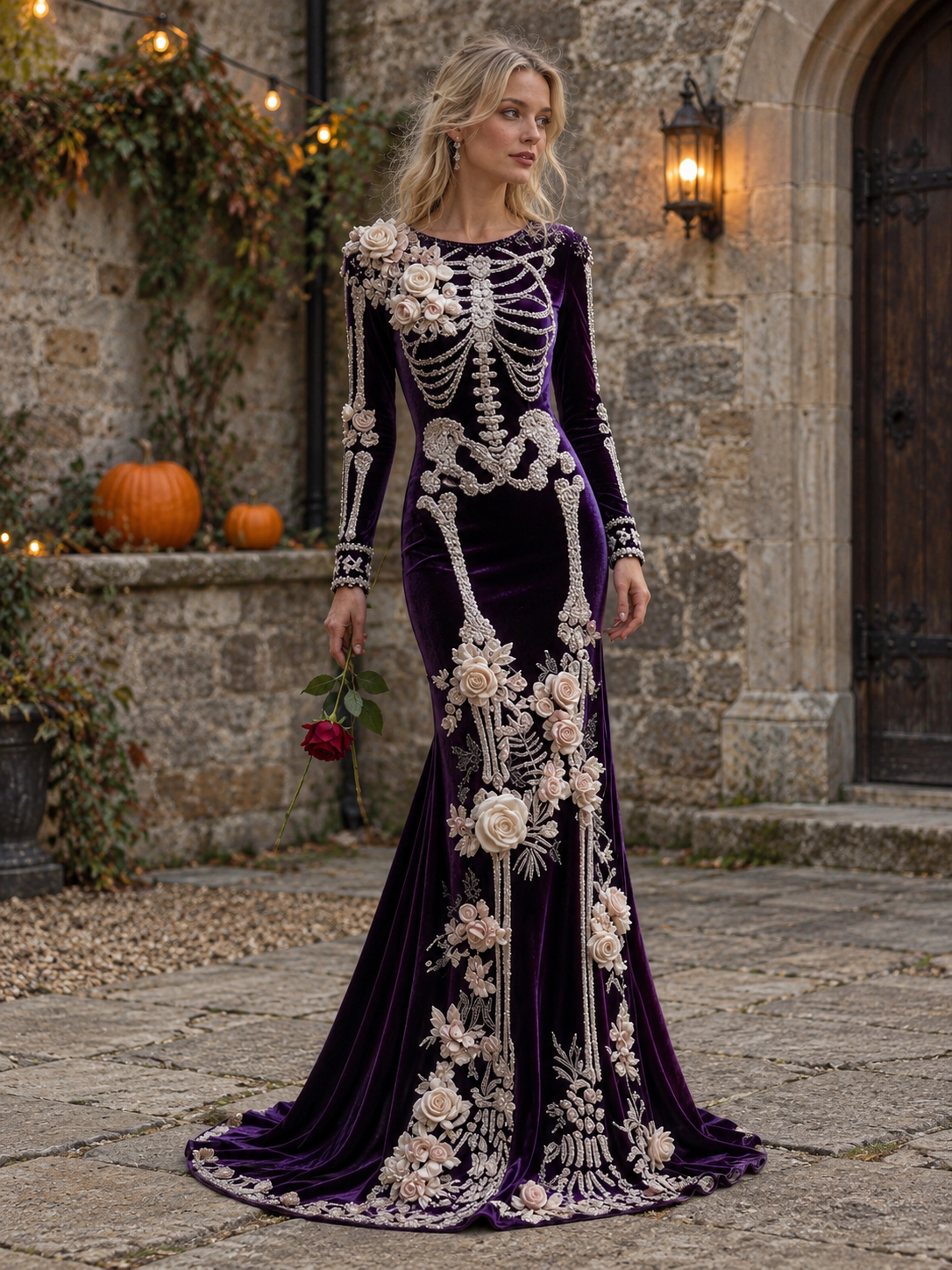 Skeleton Rose Embroidered Dress – Women's Gothic Halloween Dress