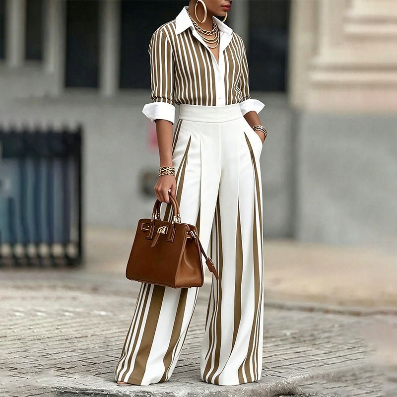 Striped shirt and pleated wide-leg trousers two-piece set