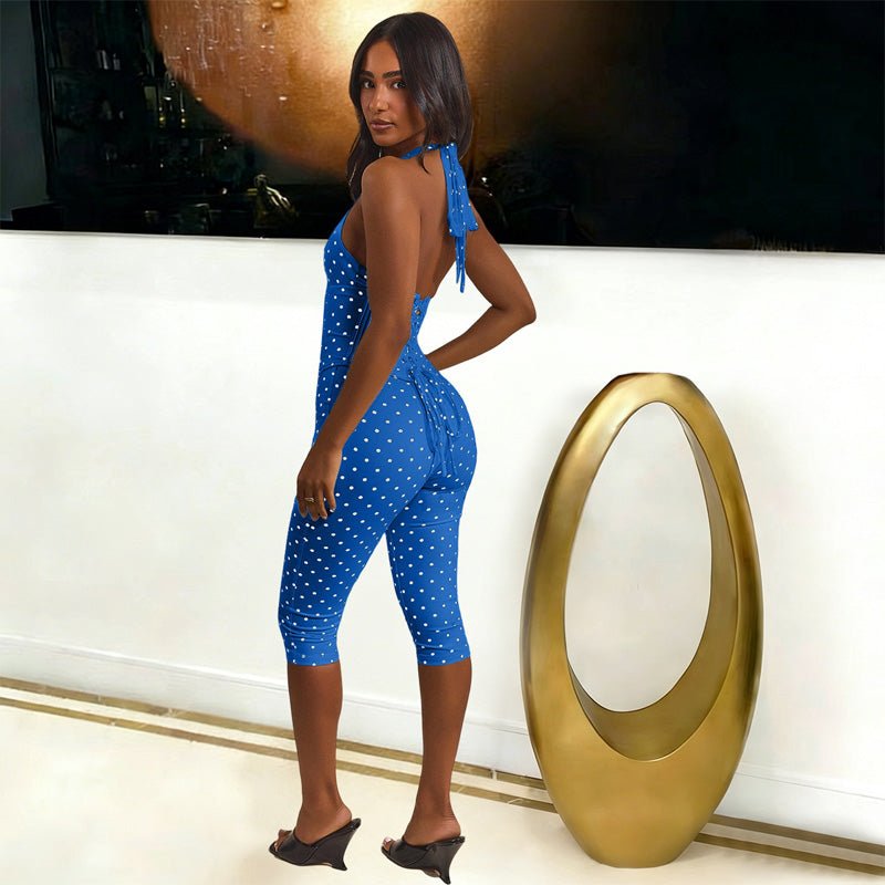 Polka dot backless suspender bodysuit faux two-piece set