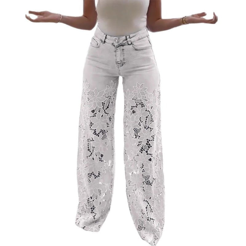 High-waisted floral cutout wide-leg jeans