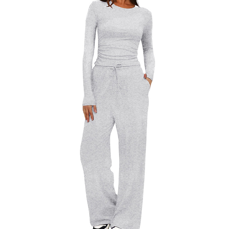 Casual long-sleeved high-waisted wide-leg pants suit