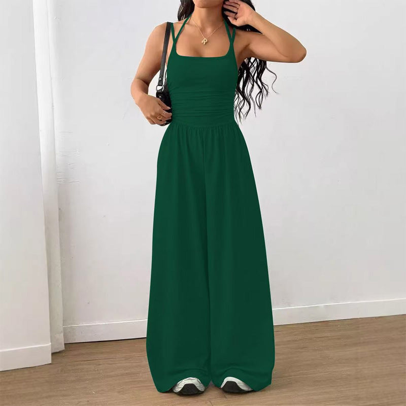 Backless Halter Ruched High Waist Wide Leg Jumpsuit
