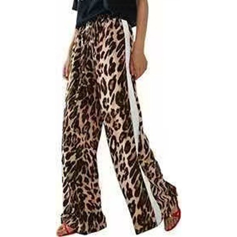 High-waisted leopard print side stripe wide-leg pants