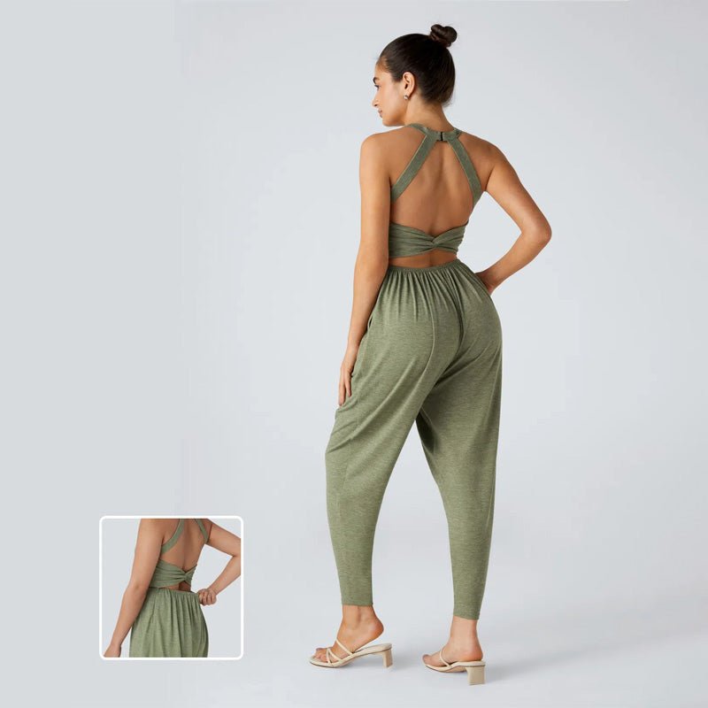 Knitted casual backless cross-strap jumpsuit