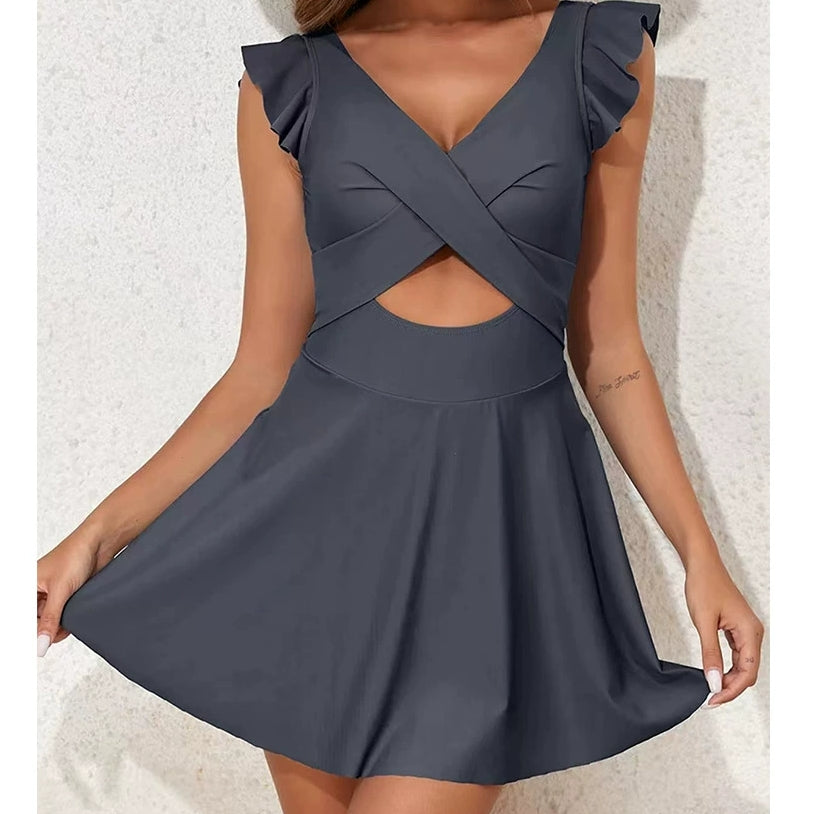 Ruffle Sleeve Criss-Cross Cutout One-Piece Swimsuit
