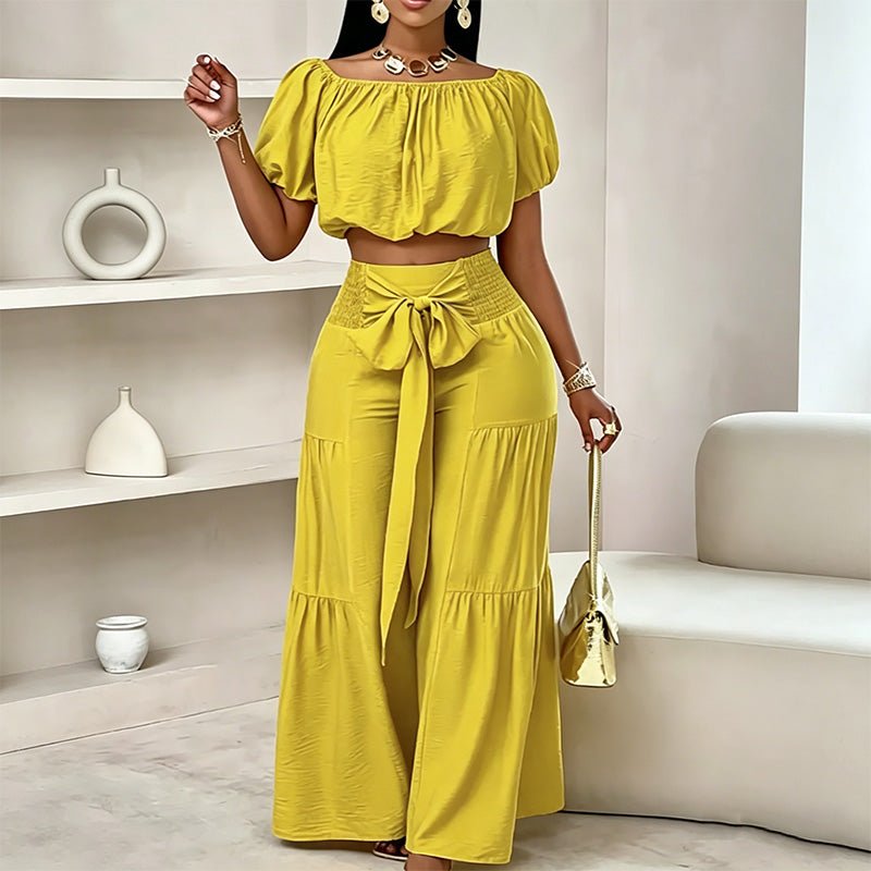 Off-shoulder puff sleeve wide-leg pants two-piece set
