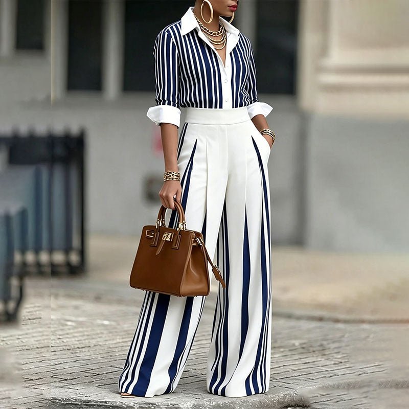 Striped shirt and pleated wide-leg trousers two-piece set