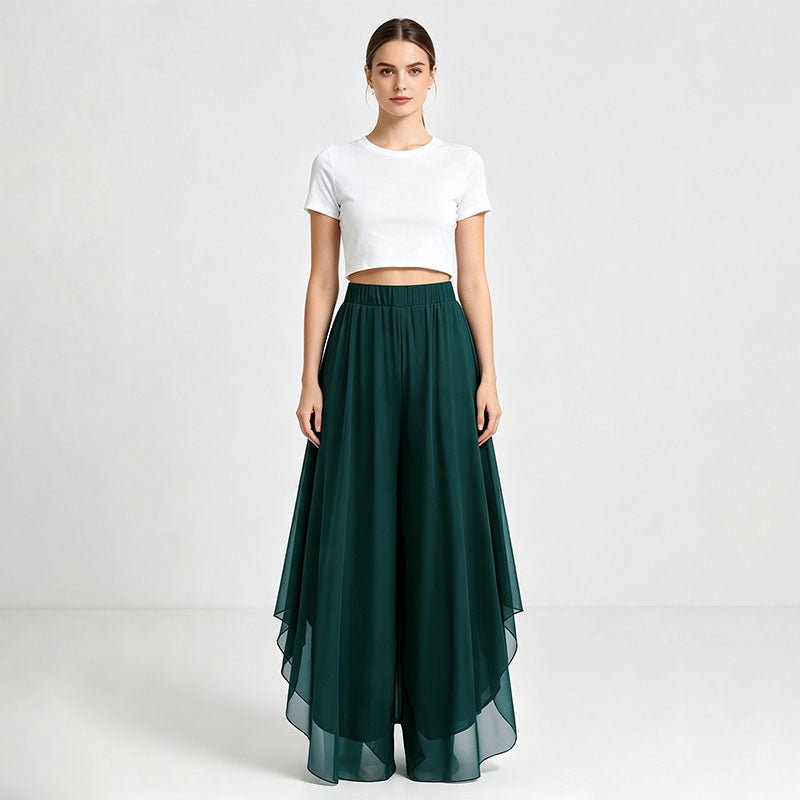 Irregular hem chiffon wide-leg pants